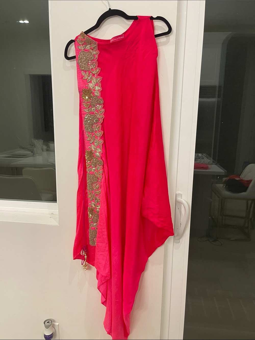 Asymmetrical Hot Pink One-Shoulder Dress with Gold Embellished Trim